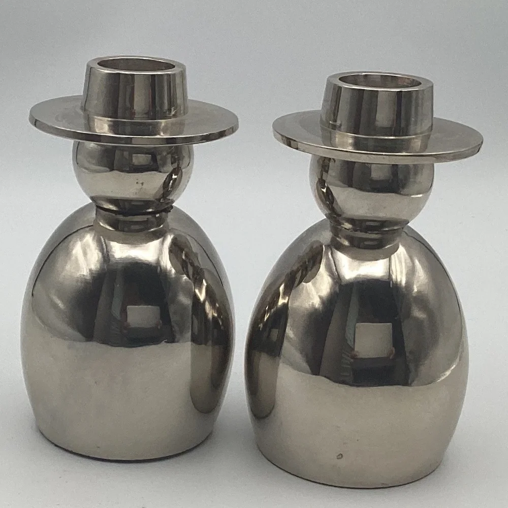 Crate&Barrel Silver Snow Men Candle Holders Heavy Metal
